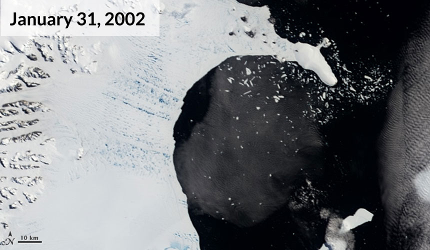 Thousands of square kilometers of ice disintegrated from Antarctica’s Larsen B Ice Shelf in the Southern Hemisphere in summer 2002. In January, blue melt ponds crisscrossed the ice shelf’s surface.