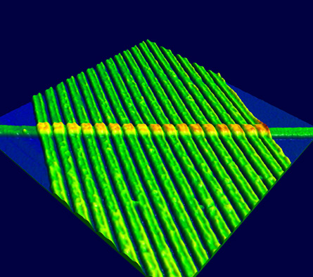 Memristors are electronic components that, with a change in electrical resistance, can store data. This atomic force microscope image shows 17 memristors (appearing in yellow) sandwiched between parallel platinum wires (each about 50 nanometers wide) and a single crosswire.