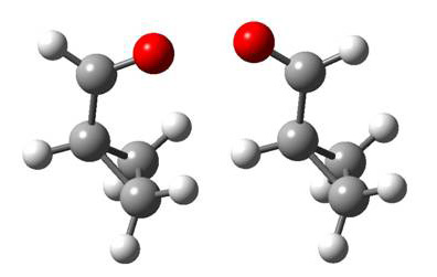Chemists can now watch as molecules such as cyclopropane carboxaldehyde (shown here) switch back and forth between two configurations.