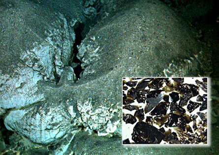 Layers of volcanic ash (samples shown in inset) blanket the Arctic seafloor 4,000 meters down. The ash is evidence of an explosive eruption, long thought impossible at those depths.