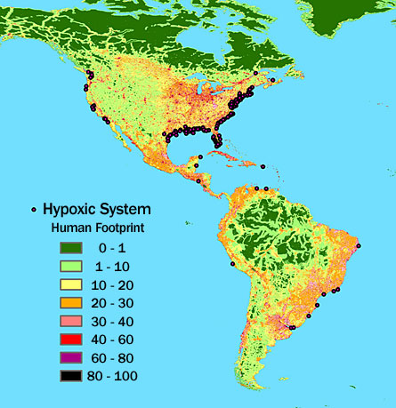 Coastal areas lacking the oxygen to support most life forms (hypoxic) are associated with watersheds and populations centers that discharge a lot of nutrients. The number of these dead zones has been doubling roughly every ten years since the 1960s.