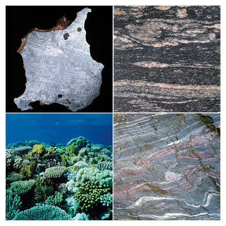 Altogether, meteorites (upper left) that formed early in the solar system’s history contain no more than 250 minerals. About 4 billion years ago, Earth probably had no more than 350 minerals, such as those found in the bedrock of northwestern Canada (upper right). Soon after large amounts of iron ores (lower right) formed about 2.75 billion years ago, Earth had perhaps 1,500 minerals. Today, scientists have identified more than 4,300 types of minerals, including those formed by corals (lower left).
