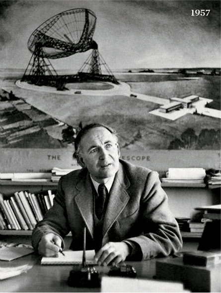 Radio telescope is completed at Jodrell Bank Observatory, which was founded by Bernard Lovell (shown) in 1945. | Source: Raymond S. Kleboe, Hulton-Deutsch Collection/Corbis