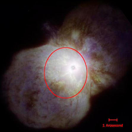 A new image of the star system Eta Carinae shows a secondary layer of gas and dust beneath the outer nebula (circled in red). Credit: Gemini Observatory