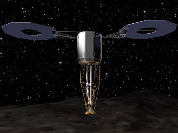 illustration of robotic arm approaching asteroid