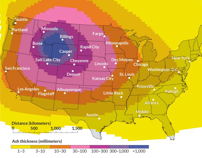 map of simulated supervolcano eruption in North America