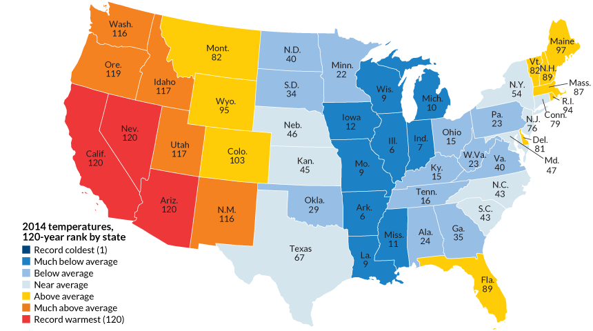 U.S. map of 2014 average temperatures by state
