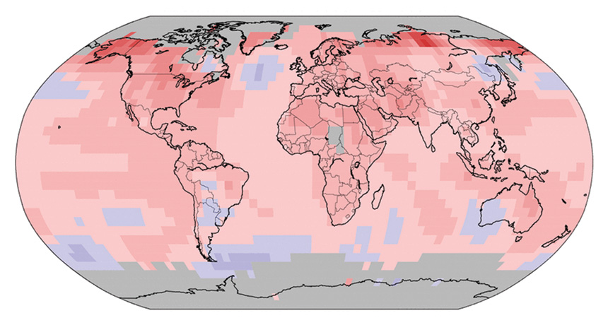 RECORD BREAKER Climate change and remnant warming from the 2015-2016 El Niño helped make 2016 the hottest year on record. Blue areas were cooler than their long-term average temperature; red area were warmer.