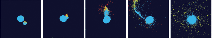ALTERNATE TEXT: A collision of early Earth and a smaller protoplanet called Theia hurled debris from both into space, many scientists think. In this simulation, red particles escaped the system, yellow formed the moon, blue fell to Earth.