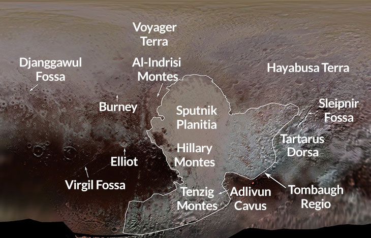Various features on Pluto’s surface