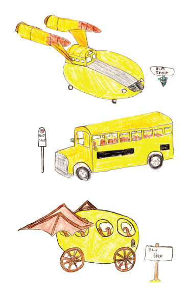 drawings of real and imaginary school buses
