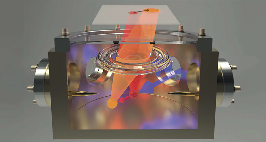illustration of a laser hitting a charged atom
