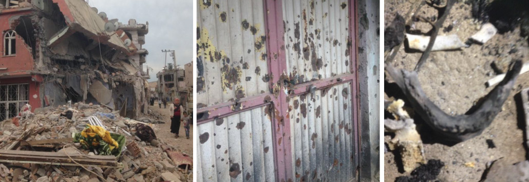 After a 79-day curfew was lifted in Cizre, Turkey, in March 2016, forensic physician Şebnem Korur Fincanci found demolished buildings (left) and walls filled with bullet holes (center). In one residential building’s basement, she found a burnt jaw (right) from a child thought to have died there. All: Ş. Fincanci