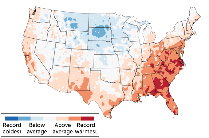 Ranking of 2019 U.S. temperatures relative to the years from 1859 to 2019