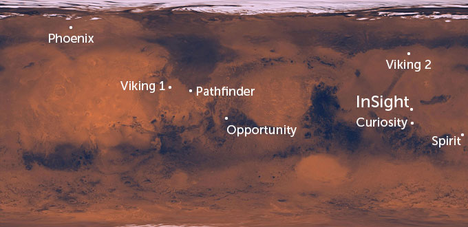 Mars landing sites map
