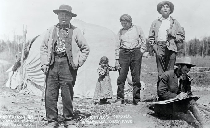1911 photo of an enumerator collecting data from members of the Winnebago tribe