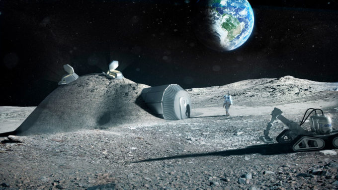 illustration of astronaut standing outside a lunar base