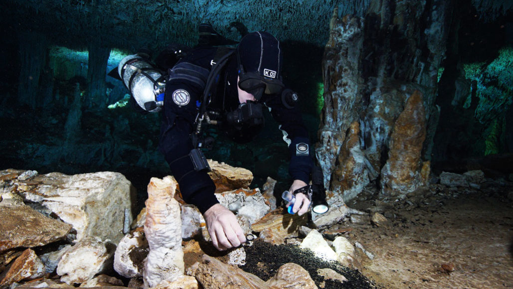 diver in underwater Mexican cave