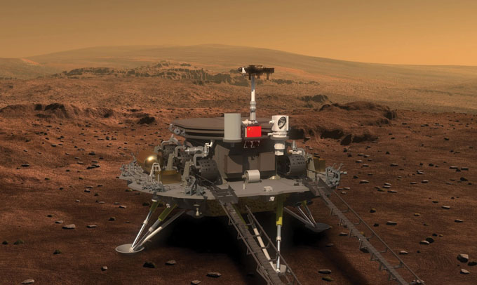 illustration of China's lander and rover on surface of Mars