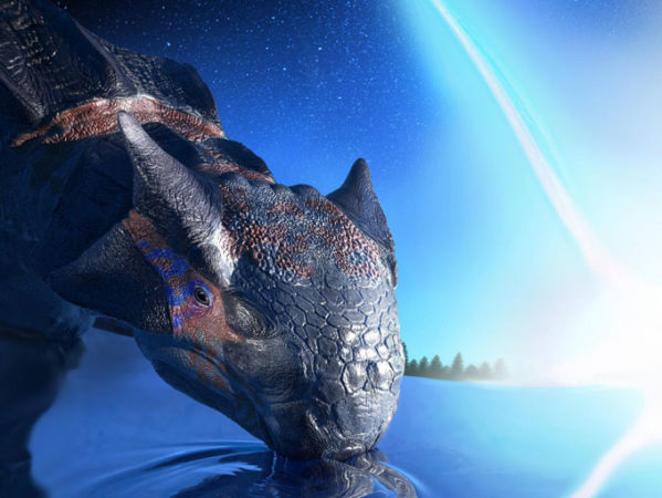 Ankylosaurus with asteroid impact in background