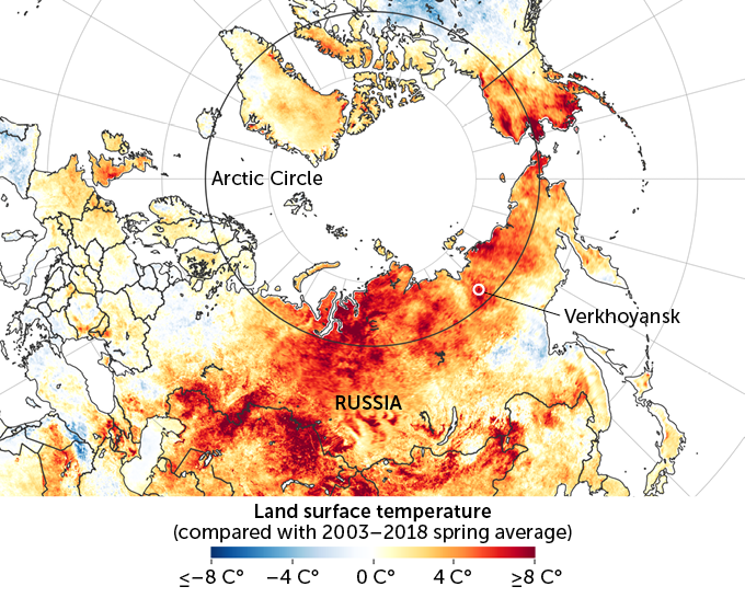 Temperatures in Siberia, March 19–June 2020 compared with spring averages 2003–2018