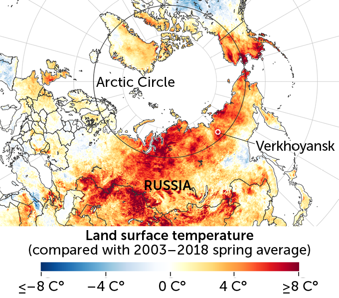 Temperatures in Siberia, March 19–June 2020 compared with spring averages 2003–2018