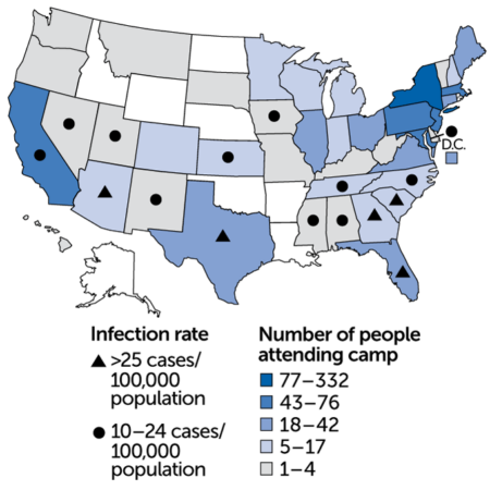 A map showing camp population, by home state, and states’ COVID-19 infection rates