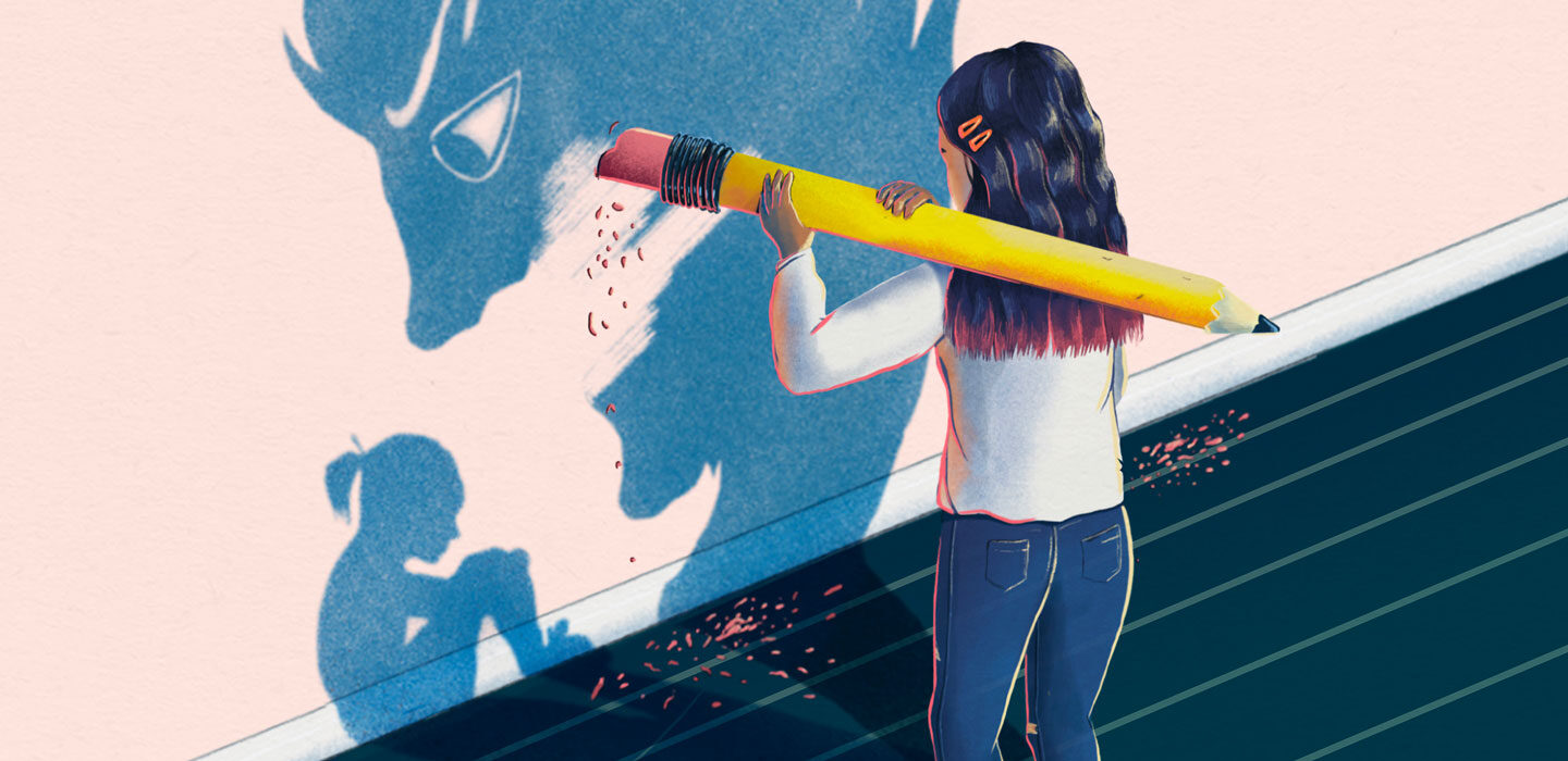 an illustration of a girl erasing a scary shadow looming over a sitting girl