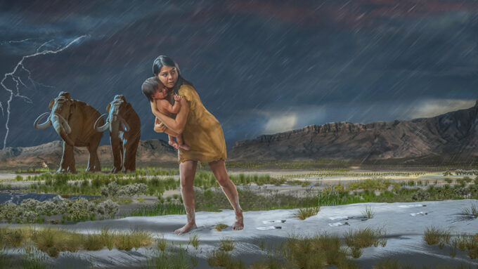 Ice Age woman carrying a toddler illustration