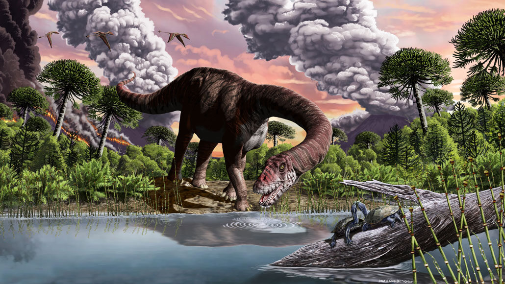 illustration of a long-necked dinosaur leaning down to drink from a river