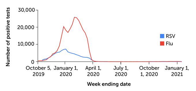 graph of positive U.S. flu and RSV tests, October 2019 to January 2021
