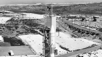 Image of rocket on the base set to launch Landsat