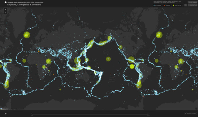 Screenshot showing world map with volcano/earthquake hotspots highlighted