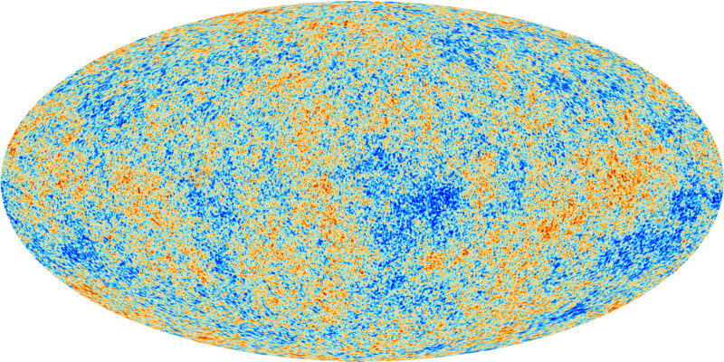 horizontal oval speckled with color depicting the cosmic microwave background