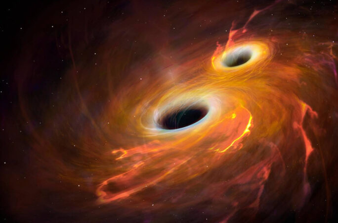 illustration of two swirling black holes heading toward each other. General relativity suggested such cosmic collisions would produce gravitational waves