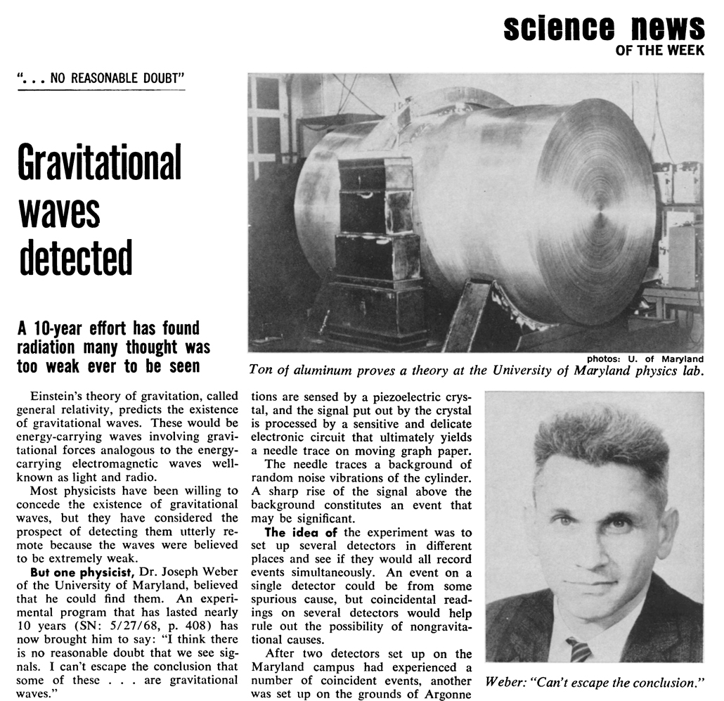 image of a magazine page with headline "Gravitational waves detected"