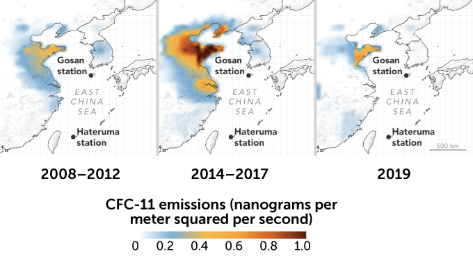 graph of CFC-11 emissions over eastern China from 2008 to 2019