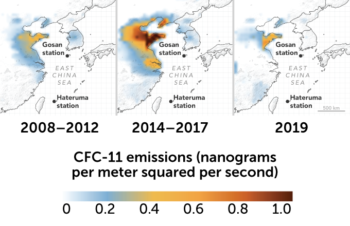 graph of CFC-11 emissions over eastern China from 2008 to 2019