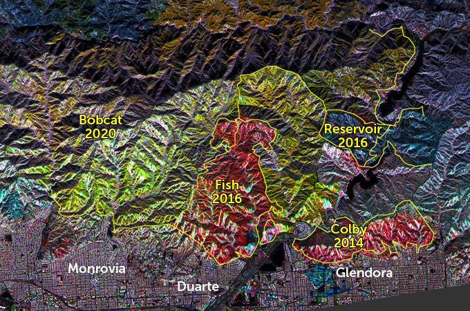 map of vegetation changes near Los Angeles in 2010, 2017 and 2020