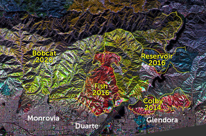 map of vegetation changes near Los Angeles in 2010, 2017 and 2020