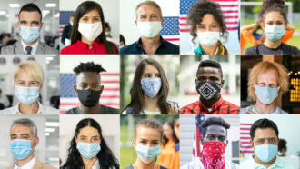 collage of people wearing different masks