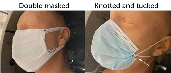 CDC mannequin wearing two masks and knotting and tucking mask ends
