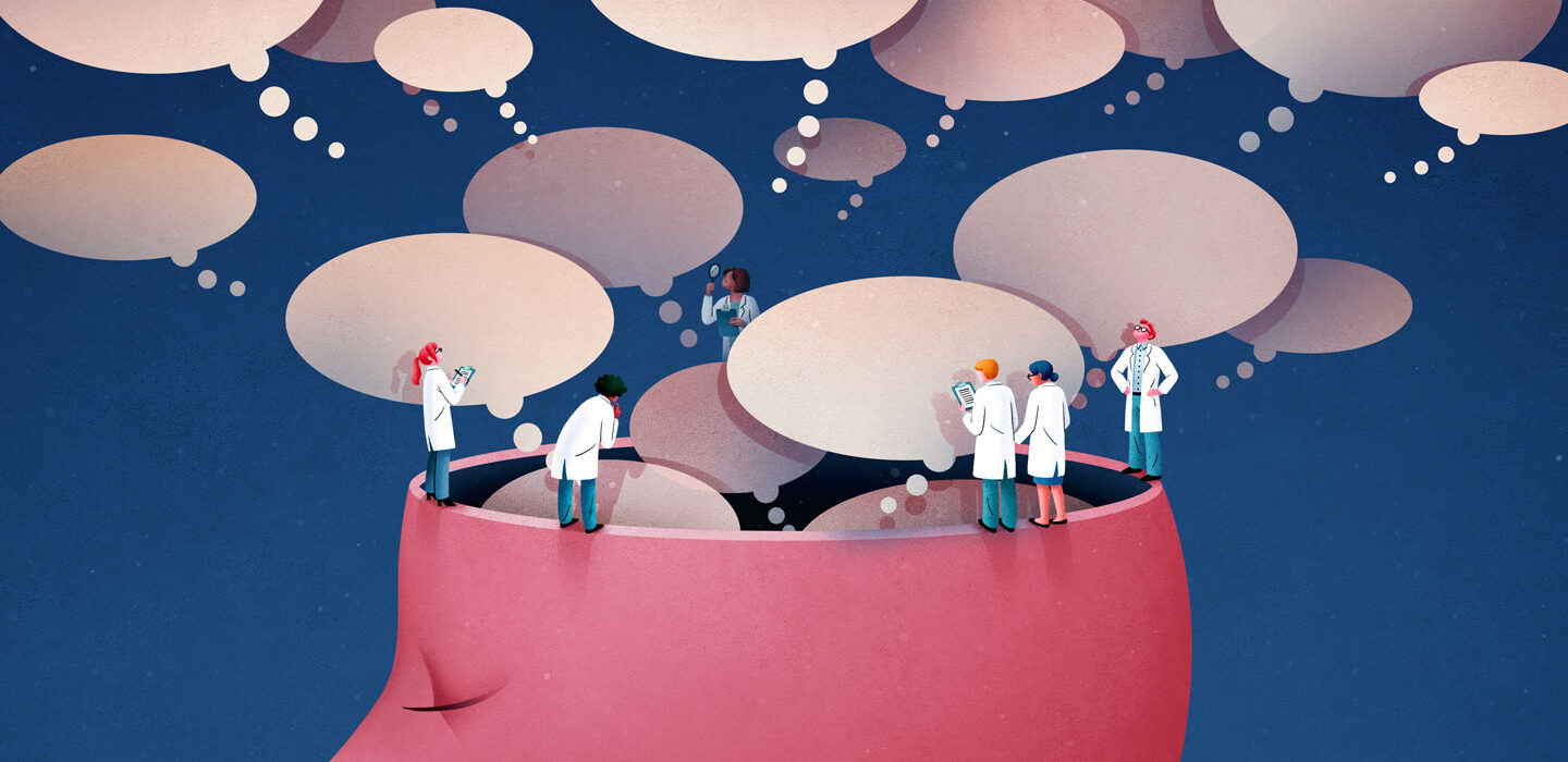 illustration of scientists observing thought bubbles from a brain