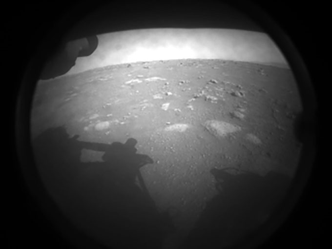 black and white image of the martian surface from perseverance rover