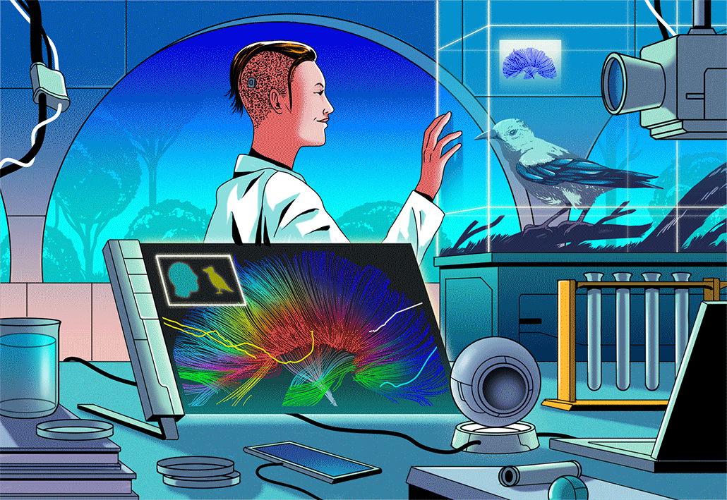 futuristic animation of a scientist in the lab feeding a bird, while a monitor flashes with neural activity