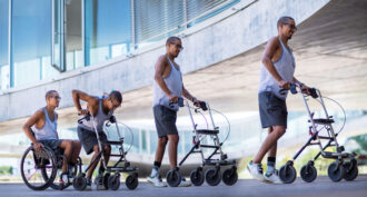 a composite image of a person in a wheelchair progressing to walking with a walker