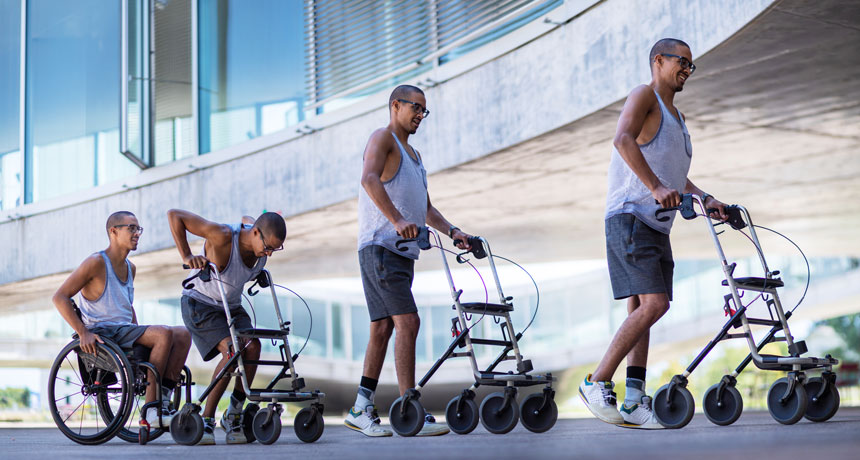 a composite image of a person in a wheelchair progressing to walking with a walker