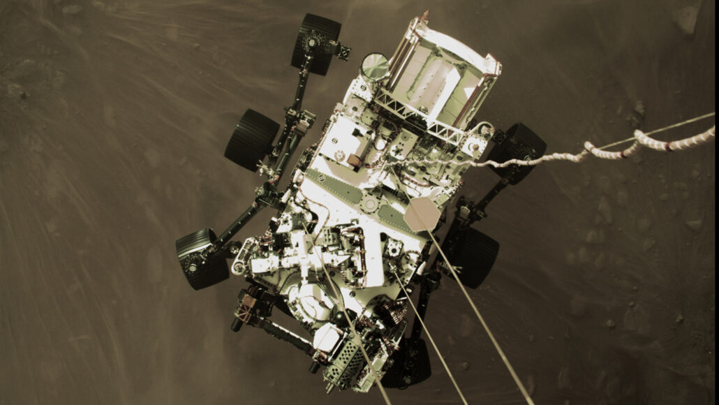 Perseverance parachuting down to Mars