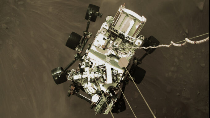 Perseverance parachuting down to Mars
