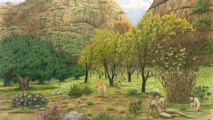 painting of a Neandertal man and child on the Iberian plains